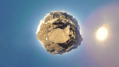 360 VR Gokyo Ri mountain top. Tibetan prayer Buddhist flag. Wild Himalayas high Stock Footage 156804516