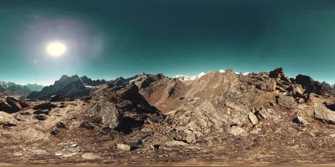 360 VR Gokyo Ri mountain top. Tibetan prayer Buddhist flag. Wild Himalayas high Stock Footage 156809339