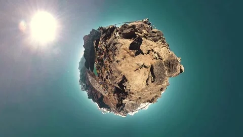 360 VR Gokyo Ri mountain top. Tibetan prayer Buddhist flag. Wild Himalayas high Stock Footage 165577083