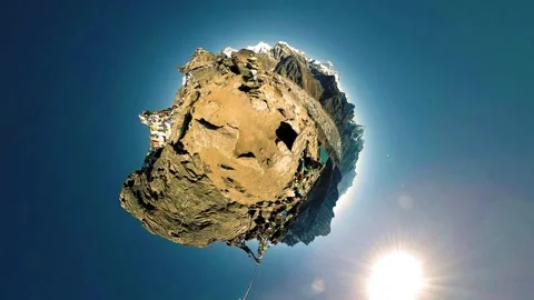 360 VR Gokyo Ri mountain top. Tibetan prayer Buddhist flag. Wild Himalayas high Stock Footage 165577372