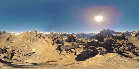 360 VR Gokyo Ri mountain top. Tibetan prayer Buddhist flag. Wild Himalayas high Stock Footage 221698281