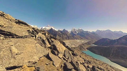 360 VR Gokyo Ri mountain top. Tibetan prayer Buddhist flag. Wild Himalayas high Stock Footage 255020165