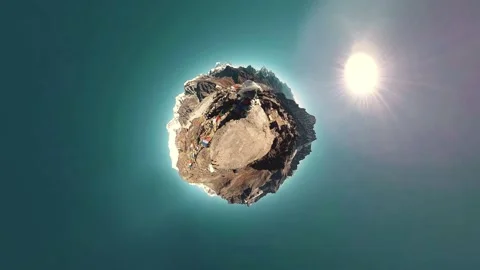 360 VR Gokyo Ri mountain top. Tibetan prayer Buddhist flag. Wild Himalayas high Stock Footage 255055547