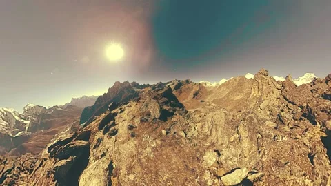 360 VR Gokyo Ri mountain top. Tibetan prayer Buddhist flag. Wild Himalayas high Stock Footage 293545275