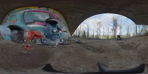360 VR  Graffiti Scene With Garbage, Low Angle Stock Footage 129014934