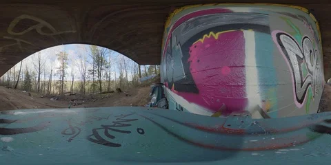 360 VR - Graffiti Wall, Underground, Ghetto, Close Up Stock Footage 129014713