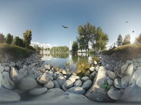 360 VR Gulls Pond Monastery Slo Motion Stock Footage 71265020