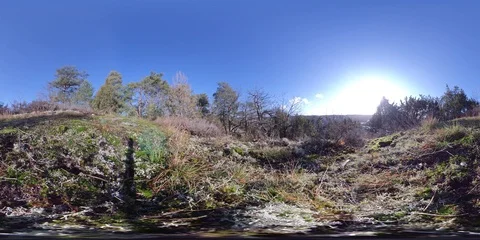 360 VR Hill with moss,  Low angle shot, Sunny day, Blue sky, Nordic Climate Stock Footage 124302448