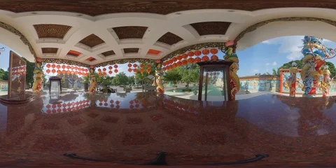 360 VR - Inside Chinese temple, symbols and red paper lantern reflections Stock Footage 118723935