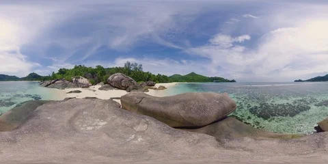 360 VR landscape – 8K sand beach and granite rocks on tropical island Stock Footage 88545296