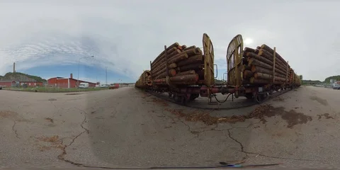 360 VR loaded train carriage with logs for transportation in industrial area Stock Footage 111340576