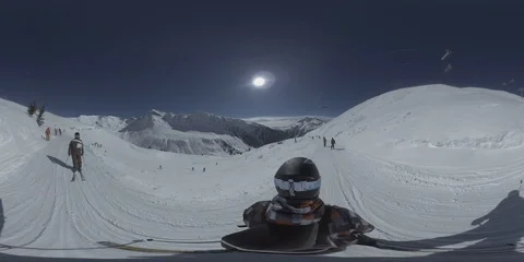 360 VR man skiing stabilised POV on a gentle slope Stock Footage 87308916