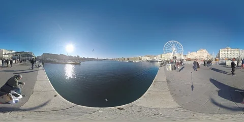 360 VR Marseille view with people on waterfront and Old Port scene, France Stock Footage