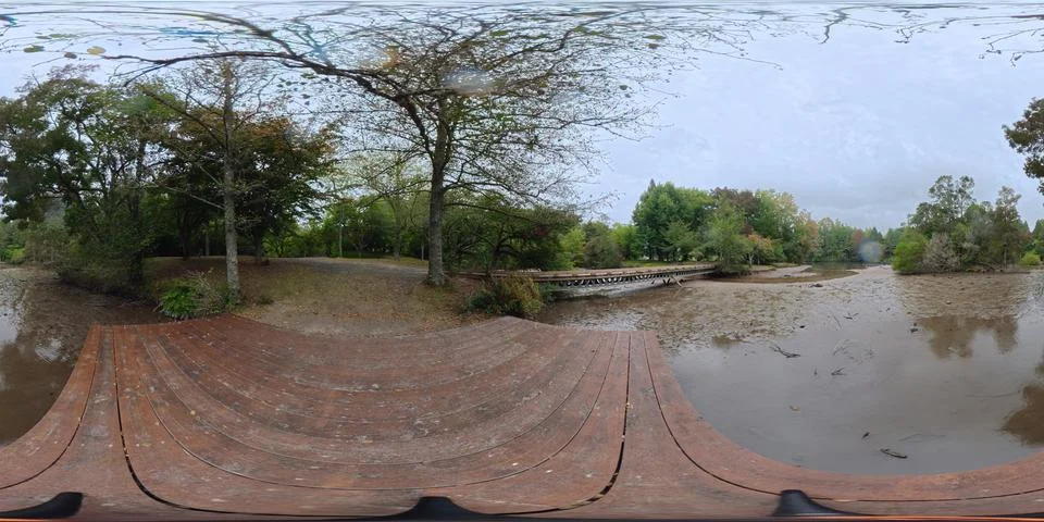 360 VR Panorama Flooded Park Path with Trees New Zealand Stock Photos