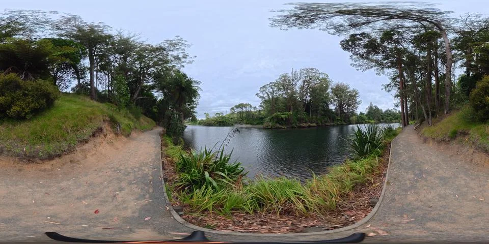 360 VR Panoramic View of Open Landscape with Trees and Water, New Zealand Stock Photos