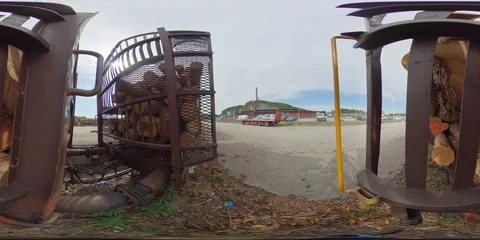 360 VR railway couplingng, loaded train carriage with logs for transportation Stock Footage 111340776