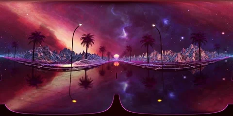 360 VR retro futuristic sci-fi seamless loop. 80s VJ landscape with neon lights Stock Footage 258779051
