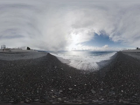 360 VR Sea Shore Waves Dark Sky Stock Footage 71218170