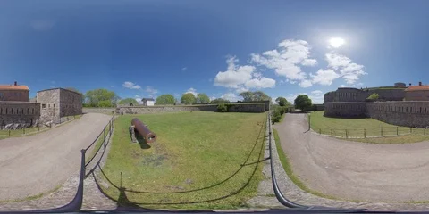 360 VR side view of Scandinavian fortress with cannon and walls Stock Footage 111340112