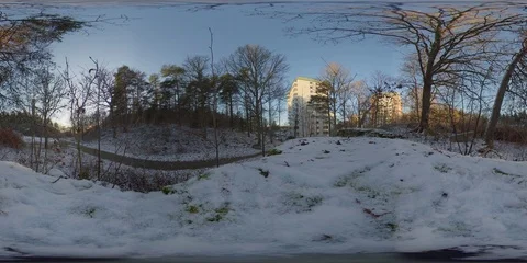 360 VR - Snow forest landscape and residential apartment building Stock Footage 121444893