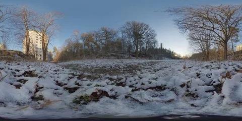 360 VR - Snowy forest park, blue sky and apartment house Stock Footage 121444813