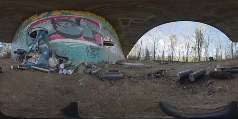 360 VR Spray Cans On Ground And Graffiti Wall Stock Footage 129015402