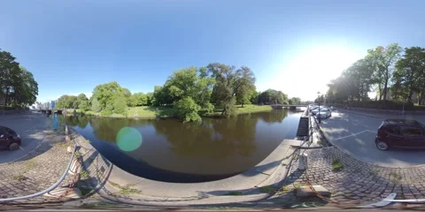 360 VR Time Lapse - Downtown Canal, Street and Park Stock Footage 132496490