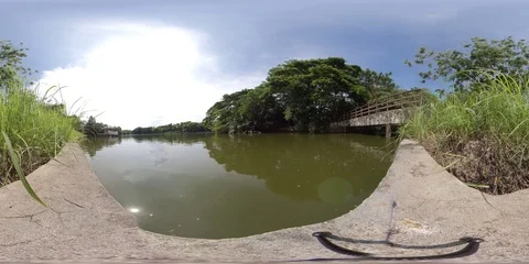 360 VR Timelapse - Low angle of footbridge and pond at botanical garden Stock Footage 118723747