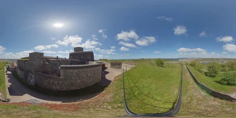 360 VR top view of scandinavian fortress a bright day Stock Footage 111339942