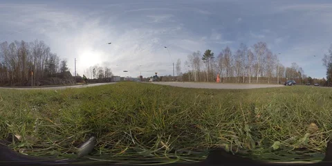 360 VR Traffic Scene, Low Angle View Between Two Roads Stock Footage 128208250