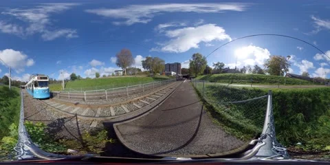 360 VR Tram Drives Towards Camera, Gothenburg, Sweden Stock Footage 163665748