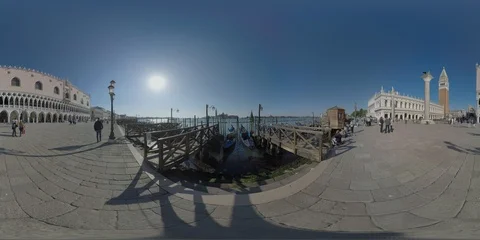 360 VR Venice scene with Piazza San Marco and gondolas mooring, Italy Stock Footage