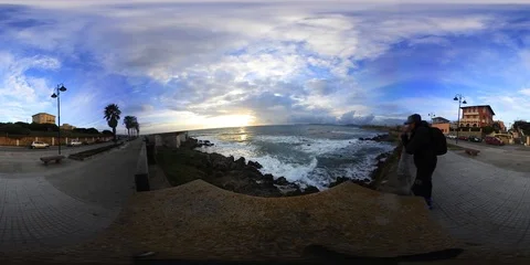 360 vr video of Alghero rough sea at sunset in Sardinia, Italy Vídeos de archivo 117048495