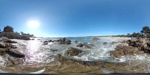 360 VR Video Carmel Beach, California. Ocean waves hitting rocks. Stock Footage