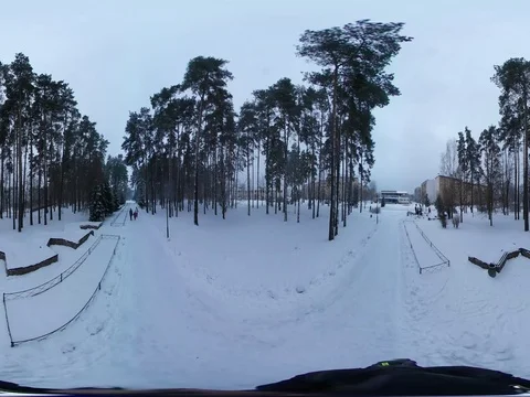360 vr Video Family Walks in Chrismas Eve Slavutich Snowy Park Frosty Day Pines Stock Footage