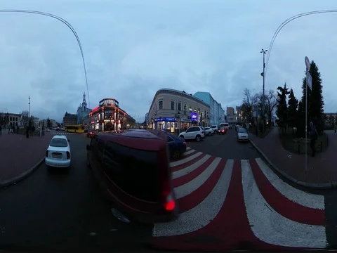 360 vr Video Red and White Crosswalk Cars Driven Nearby Square of Contracts Stock Footage 71404019