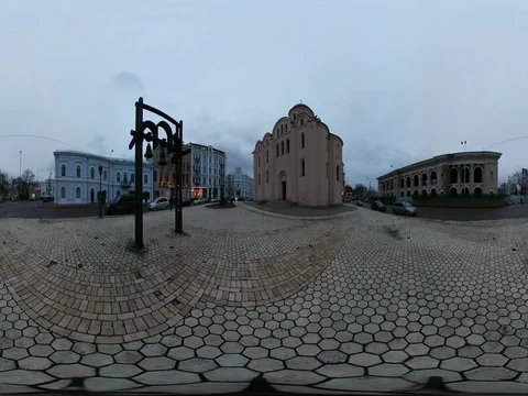 360 vr Video View of Contract Square Cobblestone Kiev Downtown in Cloudy Wintry Stock Footage 71420180