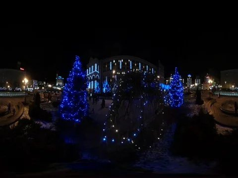 360 vr Video Wonderful Night Cityscape Downtown Blue Lights Illumination People Stock Footage
