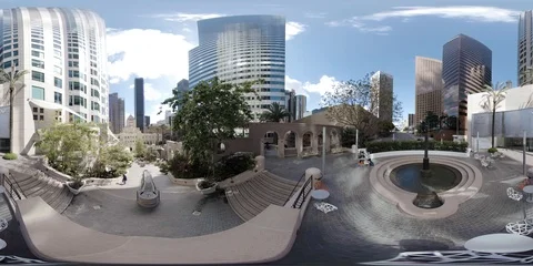 360° VR view from the bottom of skyscrapers DTLA Stock Footage