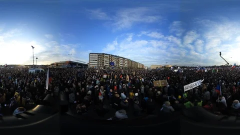 360° VR view at crowd at demonstration in Prague, Czech republic Stock Footage 120091985