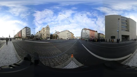 360° VR view at people walking and trams and cars driving in Prague Stock Footage 120089761