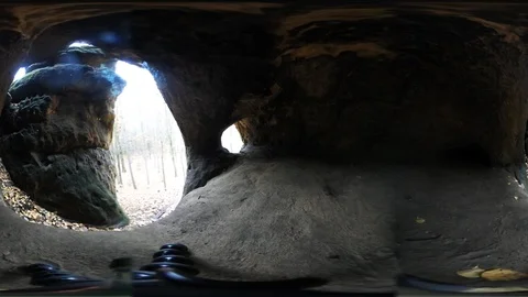 360° VR view at sandstone cave in autumnal forest Stock Footage 120009496