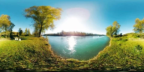360 VR Virtual Reality of a river flows over rocks in this beautiful mountains Stock Footage 73353685