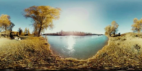 360 VR Virtual Reality of a river flows over rocks in this beautiful mountains Stock Footage
