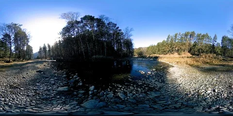 360 VR virtual reality of a wild mountains, pine forest and river flows Stock Footage 94245385
