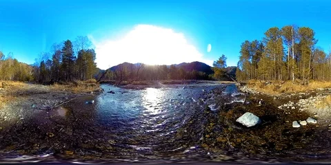 360 VR virtual reality of a wild mountains, pine forest and river flows Stock Footage 94249556