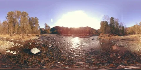 360 VR virtual reality of a wild mountains, pine forest and river flows Stock Footage 105718284