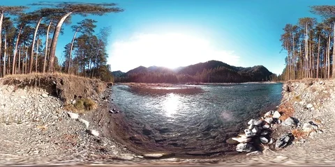 360 VR virtual reality of a wild mountains, pine forest and river flows Stock Footage 105729096