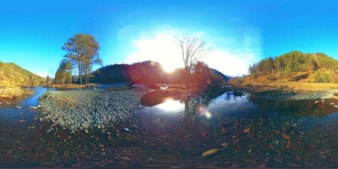 360 VR virtual reality of a wild mountains, pine forest and river flows Stock Footage 112758618