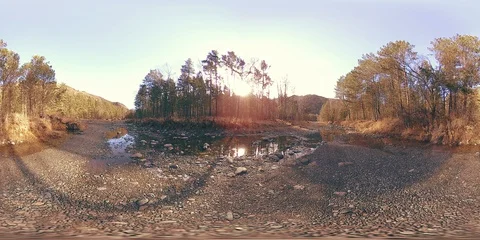 360 VR virtual reality of a wild mountains, pine forest and river flows Stock Footage